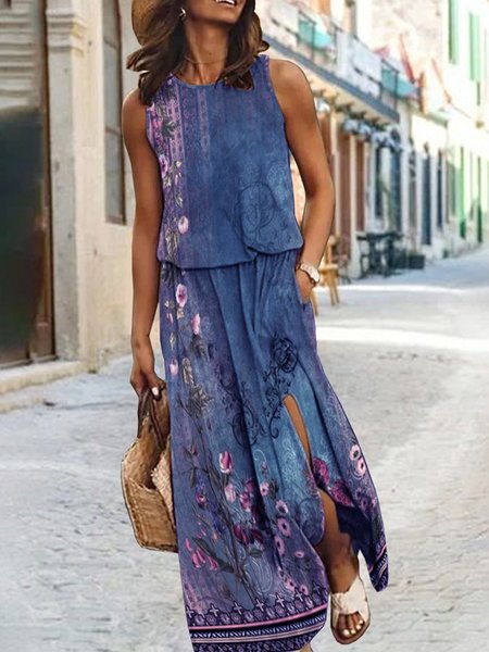 

Crew Neck Casual Nationality/Ethnic Loose Dress, Blue, Dresses