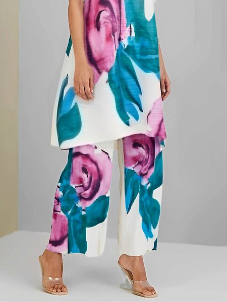 

Regular Size Loose Vacation Floral Pants, White, Pants