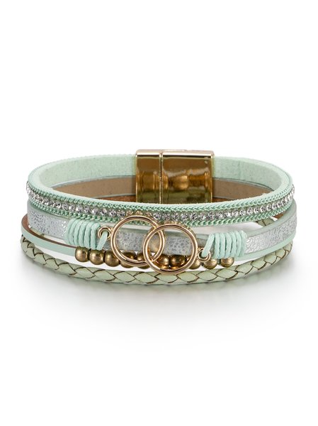 

Boho Beaded Diamond Leather Multilayer Bracelet Retro Ethnic Casual Women's Jewelry, Green, Bracelets