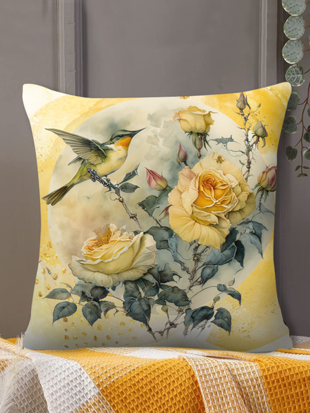 

18*18 Throw Pillow Covers, Bird Floral Soft Flax Cushion Pillowcase Case For Living Room, As picture, Pillow Covers