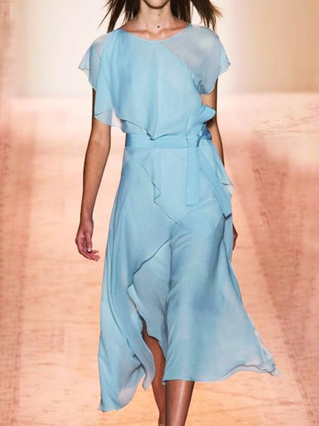 

Crew Neck Plain Elegant Regular Fit Dress, Blue, Midi Dresses