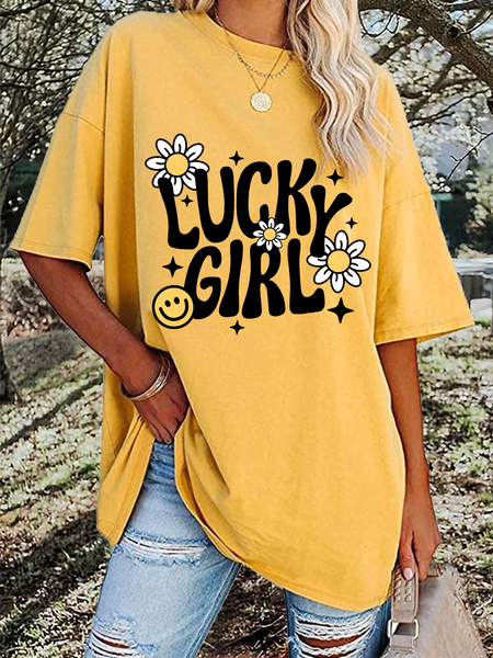 

Women's Cute Daisy Lucky Girl Cotton Casual T-Shirt, Yellow, T-shirts
