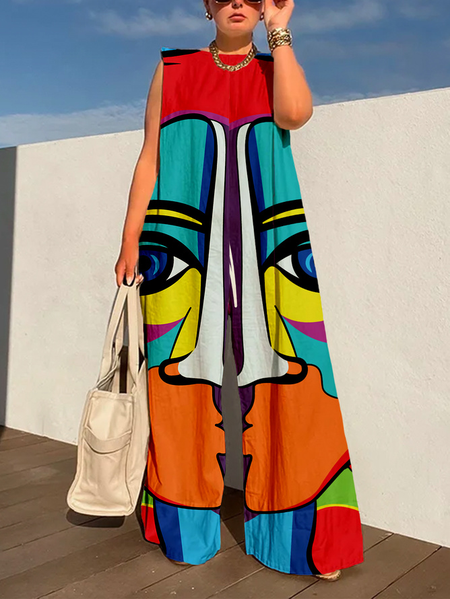

Plus Size Vacation Abstract Crew Neck Jumpsuit, As picture, Plus Jumpsuits