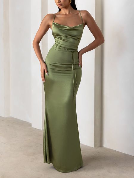 

Olive Satin Cowl Neck Maxi Dress With Cross Back Detail, Green, Maxi Dresses