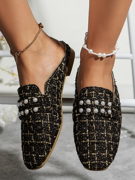 

Women Plaid Pattern Faux Pearl Decor Mules, Black, Flats