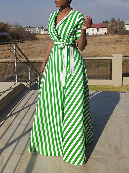 

V Neck Striped Urban Regular Fit Dress, Green, Maxi Dresses