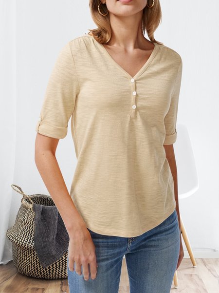 

Casual Henley Elbow Sleeve Slub T-shirt, Khaki, T-shirts