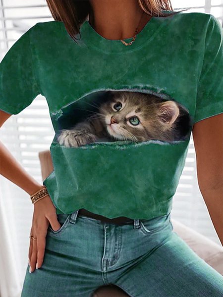 

Casual Cat Crew Neck Loose T-Shirt, Green, T-Shirts