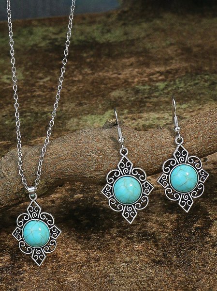 

Turquoise Ethnic Pattern Earrings Necklace Jewelry Set Vintage Casual Women Jewelry, As picture, Necklaces