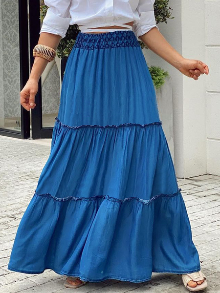 

Loose Urban Plain Denim A-Line Maxi Skirt, Denim blue, Denim Skirts