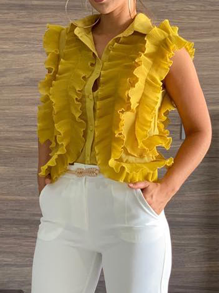 

Loose Elegant Shirt Collar Sleeveless Plain Blouse, Yellow, Blouses and Shirts