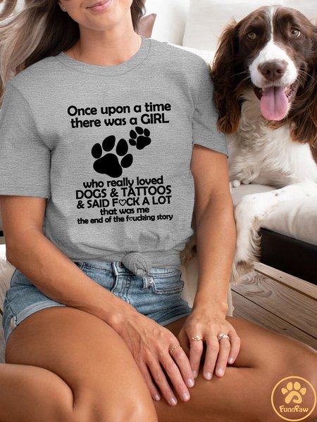 

Lilicloth X Funnpaw Women's Once Upon A Time There Was A Girl Who Really Loved Dogs And Tattoos Crew Neck Casual Cotton T-Shirt, Gray, T-shirts
