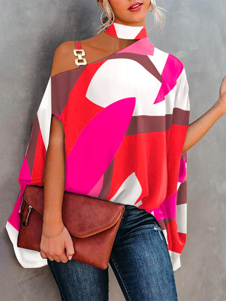 

Plus Size Vacation Abstract Graphic Halter Loose Shirt, Deep pink, Plus Tops
