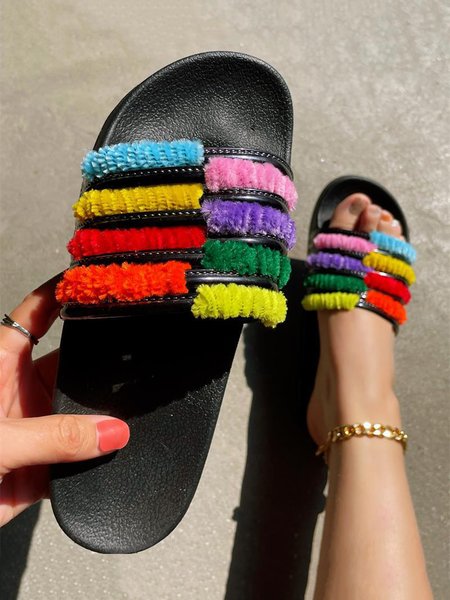 

Color Block Rainbow Striped Slides Beach Slippers, Black, Sandals