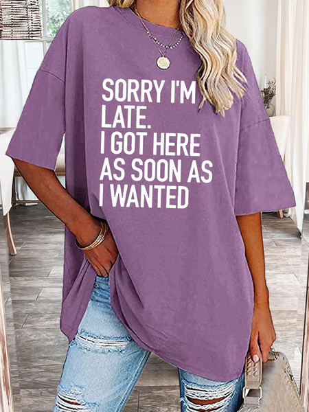 

Women's Funny Word Sorry I'm Late Casual Loose Cotton T-Shirt, Purple, T-shirts