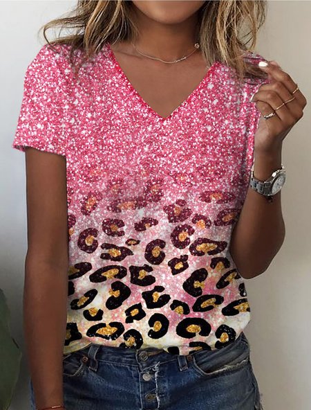 

Leopard Casual Knitted V Neck T-Shirt, Pink, T-Shirts