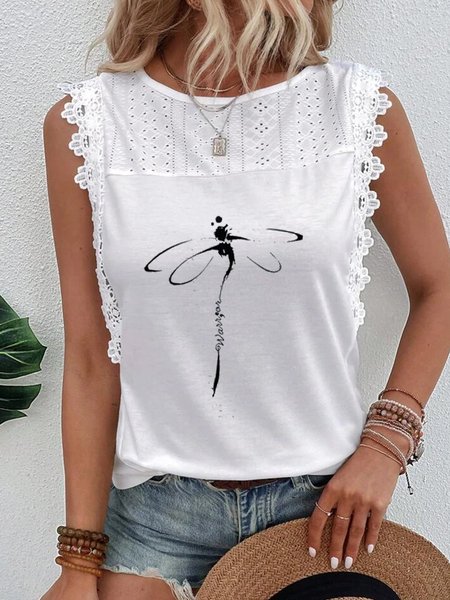 

Dragonfly Vacation Crew Neck Loose Contrast Guipure Lace Tank Top, White, Tanks & Camis