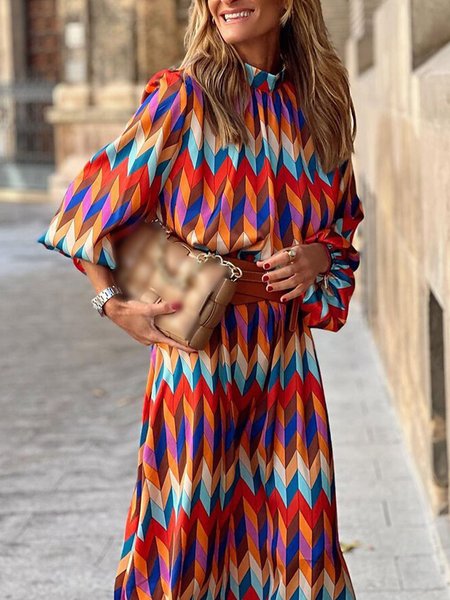 

Plus Size Stand Collar Loose Vacation Dress, Multicolor, Plus Dresses