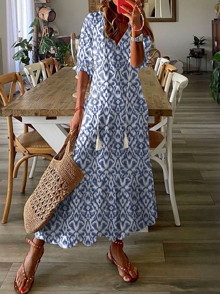 

Plus Size Vacation V Neck Loose Ethnic Dress, Blue, Dresses