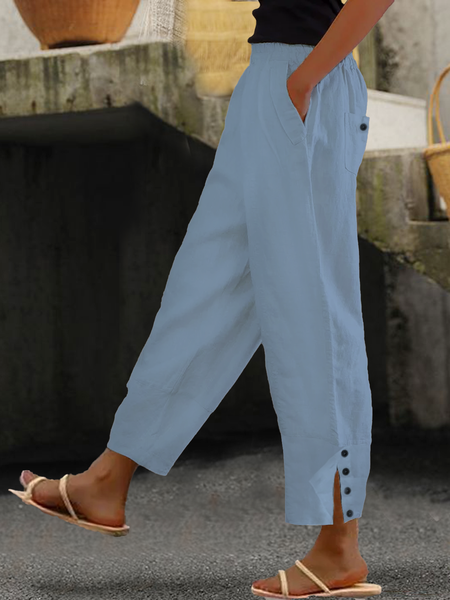 

Women Casual Half Open Button Hem Elastic Waist Pockets Comfy Lounge Workout Plain Cotton Pants, Blue, Pants