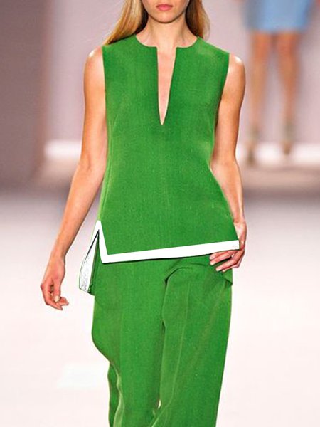 

Regular Fit Elegant Color Block V Neck Shirt, Green, Blouses and Shirts