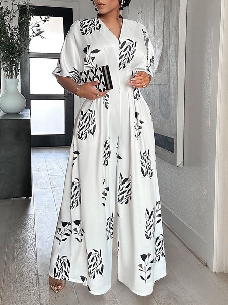 

Half sleeve Elegant Regular Fit V Neck Jumpsuit, White, Jumpsuits