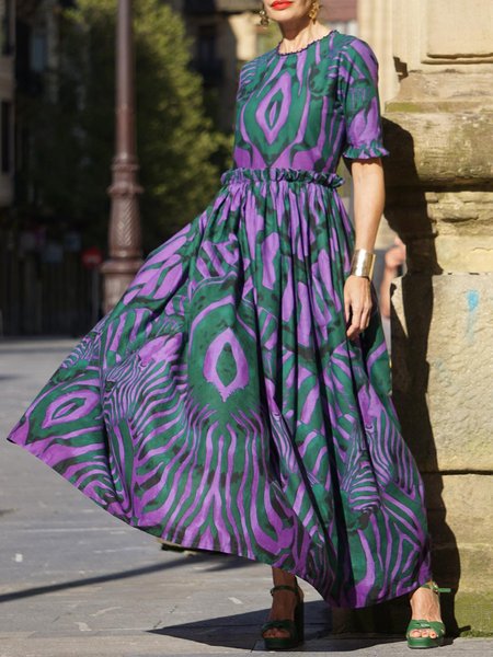 

Crew Neck Vacation Abstract Print Dress, Purple, Maxi Dresses