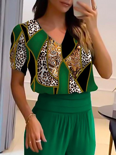 

Leopard V Neck Regular Fit Elegant Shirt, Green, Blouses and Shirts
