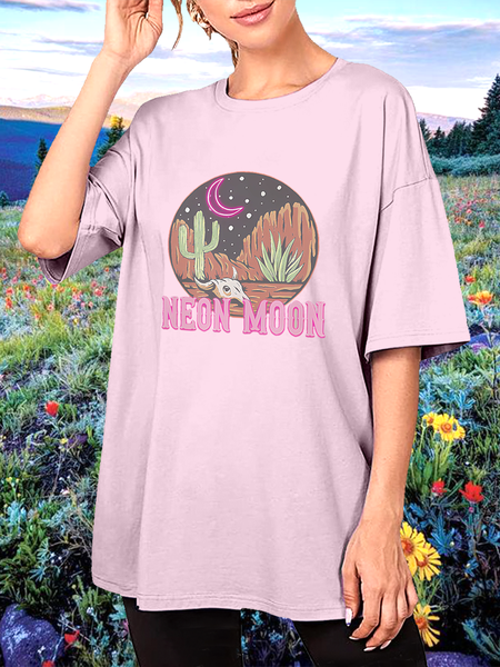 

Women’s Neon Moon Skull Cactus Desert Retro T-Shirt, Pink, T-shirts