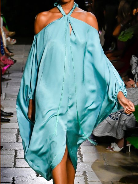 

Loose Satin Vacation Halter Plain Dress, Blue, Midi Dresses