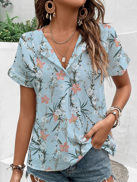 

Floral Shawl Collar Casual Loose Shirt, Blue, Shirts & Blouses