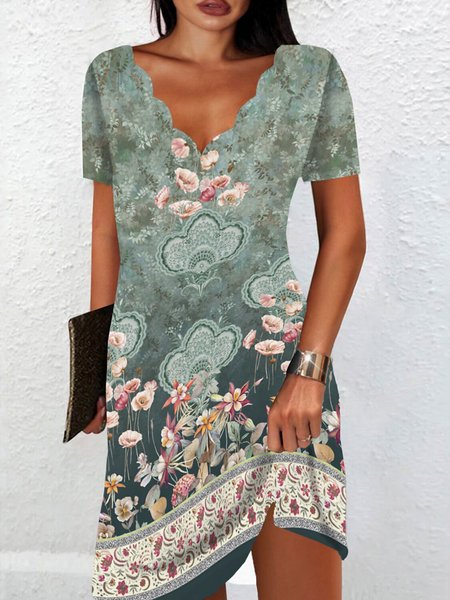 

Womens V Neck Ethnic Casual Dress, Green, Casual Dresses