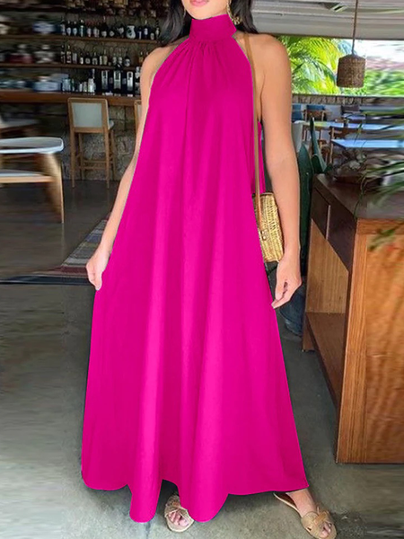 

Loose Vacation Stand Collar Sleeveless Plain Maxi Dress, Rose red, Maxi Dresses