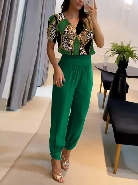 V Neck Casual Color Block Two-Piece Set, Green, Suit Set