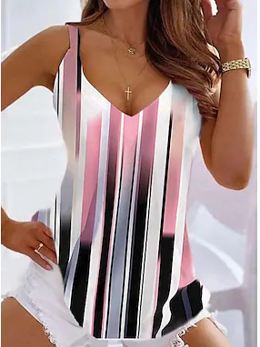

V Neck Casual Geometric Loose Tank Top, Pink, Tanks & Camis