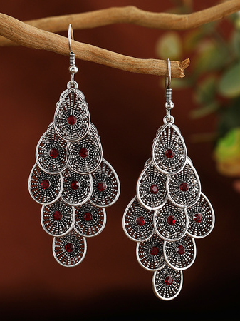 

Retro Inlaid Red Gem Feather Earrings Ethnic Style Casual Women's Jewelry, As picture, Earrings