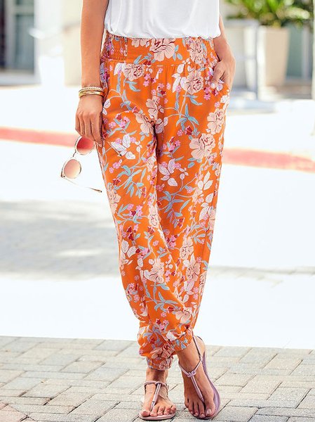 

Loose Floral Casual Pants, Orange, Pants