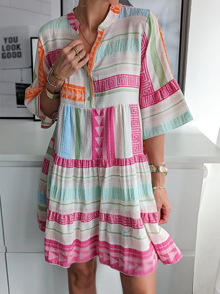 

Geometric Casual Buttoned Half Open Collar Dress, Pink, Dresses