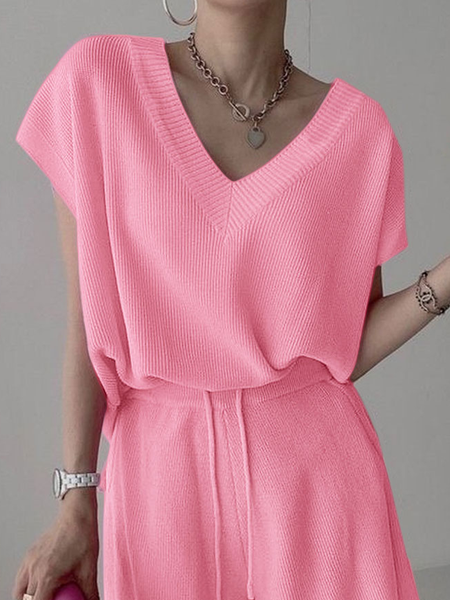 

High Elasticity Casual V Neck Cap sleeve Plain Shirt, Pink, Blouses and Shirts