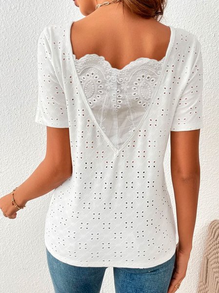 

Loose Plain Casual Contrast Lace Eyelet Embroidery T-Shirt, White, T-Shirts
