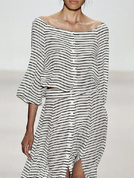 

Three Quarter Elegant Crew Neck Striped Blouse, White, Blouses and Shirts