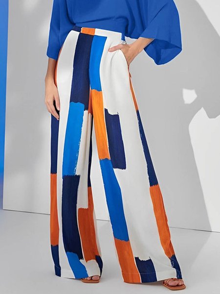 Plus Size Vacation Geometric Loose Wide leg Pants, Blue, Plus Bottoms