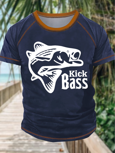 

Men's Kick Bass Funny Fishing Graphic Printing Crew Neck Casual Regular Fit T-Shirt, Blue, T-shirts