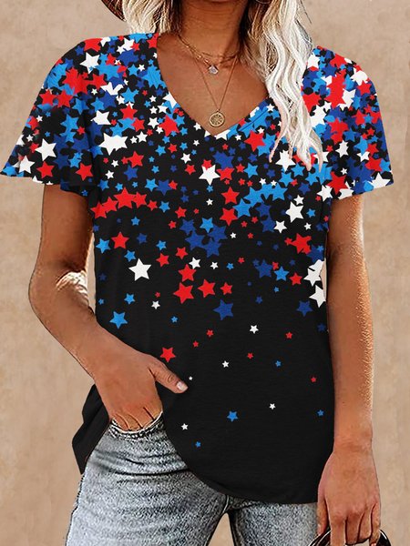 Women's Red White Blue Star Print V Neck Text Letters Casual T Shirt