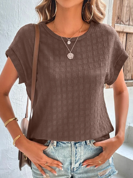 

Vacation Cotton Plain Solid Batwing Sleeve T-Shirt, Brown, T-Shirts