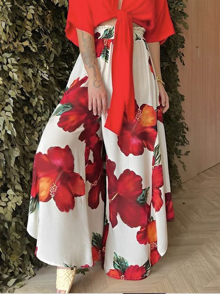 

Loose Vacation Floral Fashion Wide leg Pants, Red, Pants