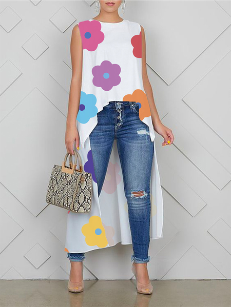 Plus Size Loose Casual Floral Sleeveless Crew Neck Shirt, White, Plus Tops