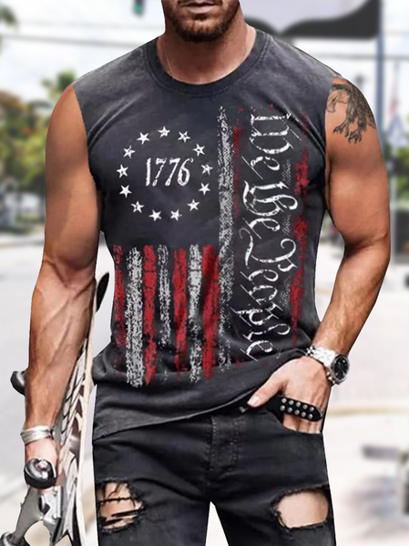 

Men's 1776 We The People Funny America Flag Graphic Printing Regular Fit Casual Gym Bodybuilding Sleeveless Muscle Tank Top, Deep gray, Tank Tops