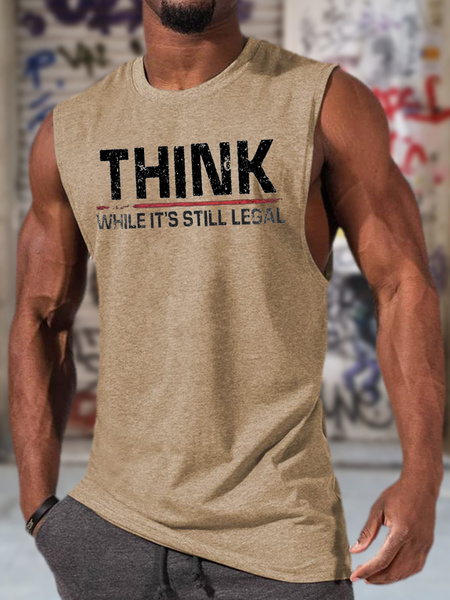 

Men's Think While It Is Still Legal Funny Graphic Printing Sleeveless Casual Gym Bodybuilding Sleeveless Muscle Tank Tops, Khaki, Tank Tops