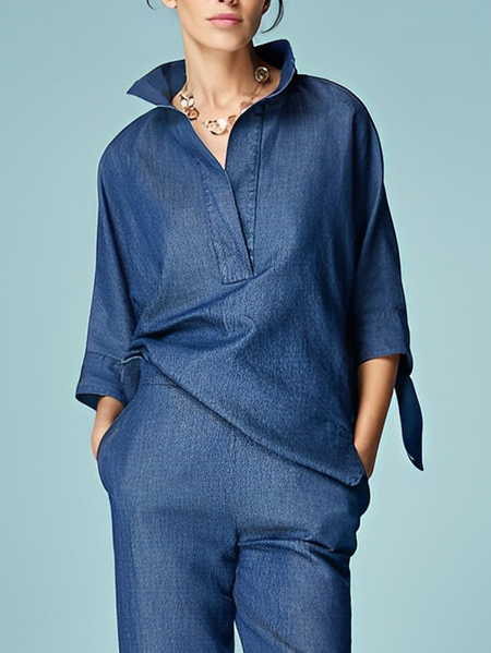 

Plus Size Urban Shirt Collar Blouse, Blue, Plus Tops